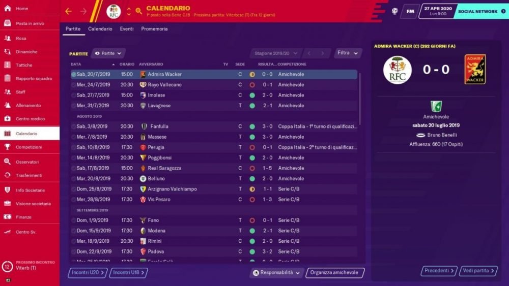 Calendario Ravenna 2019-2020